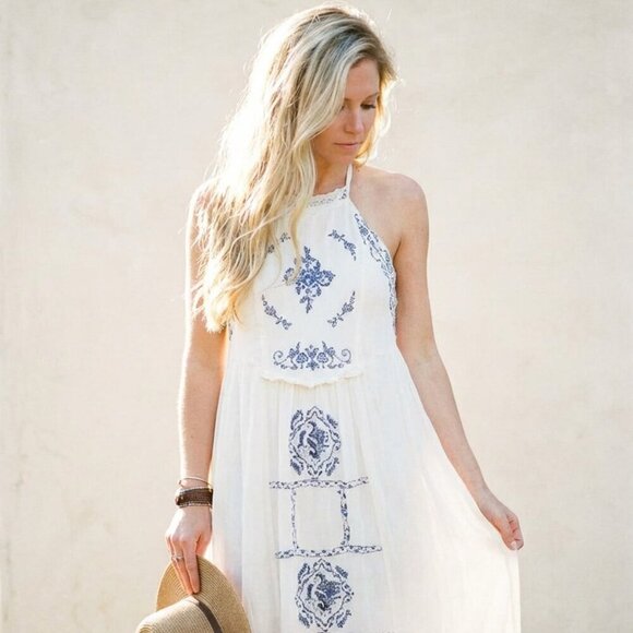 Rare Free People Diamonds in the Sky Dress | Ivory & Blue Embroidered Boho Midi - Picture 3 of 16